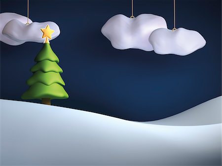 Illustration of Christmas tree on snowy hill with hanging clouds in sky Foto de stock - Con derechos protegidos, Código: 700-06936119
