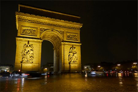 rainy street scene - Arc de Triomphe at night, Paris, France Stock Photo - Rights-Managed, Code: 700-07165054
