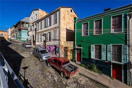 pickup truck on road - Houses on Cobblestone Street, Valparaiso, Chile Stock Photo - Rights-Managed, Code: 700-07288135