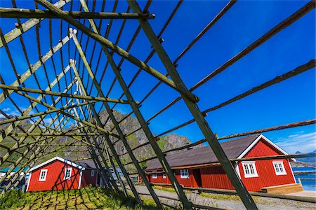 simsearch:841-07540698,k - Fish Drying Racks and Red Cabins, Svinoya Rorbuer, Svolvaer, Lofoten, Norway Stock Photo - Rights-Managed, Code: 700-07784233