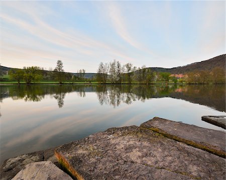 Landscape Reflected in River Main on Spring Morning, Collenberg, Lower Franconia, Spessart, Miltenberg District, Bavaria, Germany Stockbilder - Lizenzpflichtiges, Bildnummer: 700-08146244