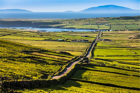 Road and scenic overview of farmland, Portmagee, along the Skellig Coast on the Ring of Kerry, County Kerry, Ireland Stock Photo - Rights-Managed, Code: 700-08146396