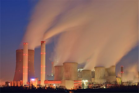 Coal Fired Power Station Niederaussem illuminated at Dusk, Niederaussem, Bergheim District, North Rhine-Westphalia, Germany Stock Photo - Rights-Managed, Code: 700-08171820