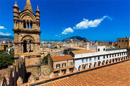 simsearch:700-08713428,k - Overview of rooftops of the city of Palermo viewed from the Palermo Cathedral with bell tower in Sicily, Italy Stock Photo - Rights-Managed, Code: 700-08701928
