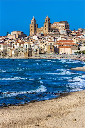 sicilia - Cefalu Cathderal and Waterfront in Cefalu, Sicily, Italy Stock Photo - Rights-Managed, Code: 700-08713420