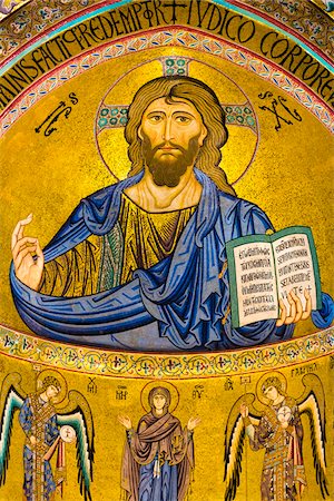 Mosaic of Christ Pantocrator in the Apse of Cefalu Cathedral in Cefalu, Sicily, Italy Foto de stock - Con derechos protegidos, Código: 700-08713431