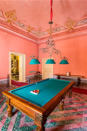 Room with pink walls and billiard table inside the Palazzo Nicolaci in Noto in the Province of Syracuse in Sicily, Italy Stock Photo - Premium Rights-Managed, Artist: R. Ian Lloyd, Image code: 700-08723166