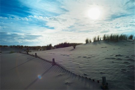 dramatic landscape - Scenic view of sand dunes and wooden fence at sunset along the Atlantic Ocean at Royan, France Foto de stock - Con derechos protegidos, Código: 700-08821950