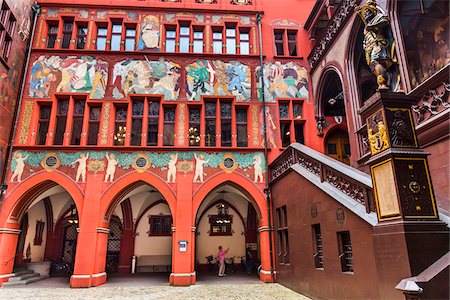 red town hall - Archways with frescoes and ornate staircase at the Basel Town Hall (Rathaus), Basel, Switzerland Stock Photo - Rights-Managed, Code: 700-08986114