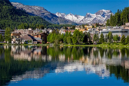 simsearch:700-08986621,k - The resort town of St Moritz reflected in Lake St Moritz in the Engadin valley on a sunny day with the Swiss Alps in the background, Switzerland Stock Photo - Rights-Managed, Code: 700-08986378