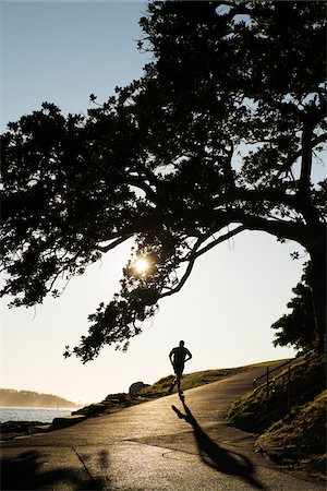 Silhouette of backview of man jogging uphill along the shoreline of Sydney Harbour in Sydney, Australia Stock Photo - Rights-Managed, Code: 700-09022600