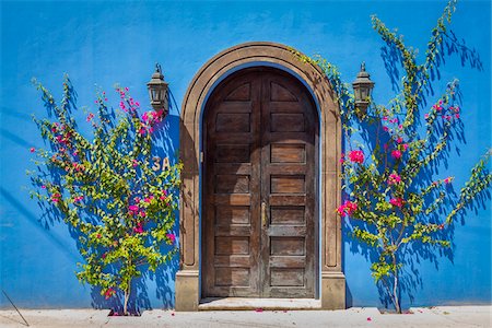 symmetrisch - Flowering shrubs and lanterns on either side of an arched wooden doorway on a blue, painted stone building in San Miguel de Allende, Mexico Stockbilder - Lizenzpflichtiges, Bildnummer: 700-09088120