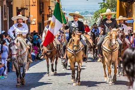 simsearch:700-07279531,k - Group of traditional Mexican cowboys on horse-back in the Mexican Independence Day parade in San Miguel de Allende, Mexico Stock Photo - Rights-Managed, Code: 700-09088181