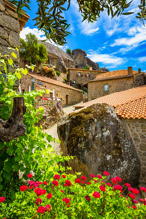 Street scene with colorful flowers and the clay tiled rooftops of the stone houses in the village of Monsanto, Idanha-a-Nova, Portugal Foto de stock - Con derechos protegidos, Código: 700-09226781