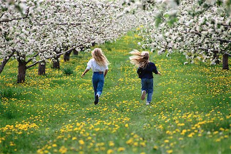 Back View of Girls Running Through Field with Trees Stock Photo - Rights-Managed, Code: 700-00009629