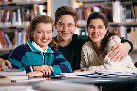 simsearch:640-02953238,k - Portrait of Three Students in Library Stock Photo - Rights-Managed, Code: 700-00015115
