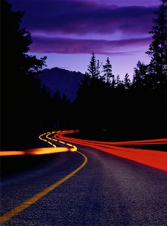 Light Trails on Highway at Night, Bow Valley Provincial Park Alberta, Canada Stock Photo - Rights-Managed, Code: 700-00016389