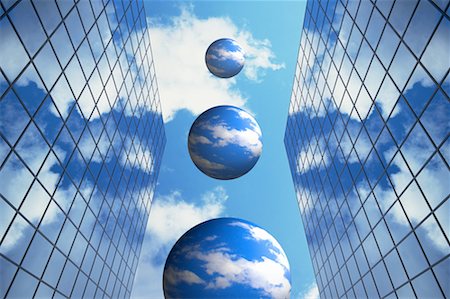 simsearch:700-00017861,k - Office Towers and Sky with Reflections on Floating Spheres Stock Photo - Rights-Managed, Code: 700-00018136
