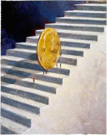 Illustration of People Pushing Coin Up Stairs Stock Photo - Rights-Managed, Code: 700-00024026