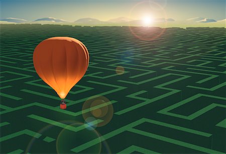 simsearch:700-00074729,k - Illustration of Hot Air Balloon Flying Over Maze at Sunset Stock Photo - Rights-Managed, Code: 700-00024253