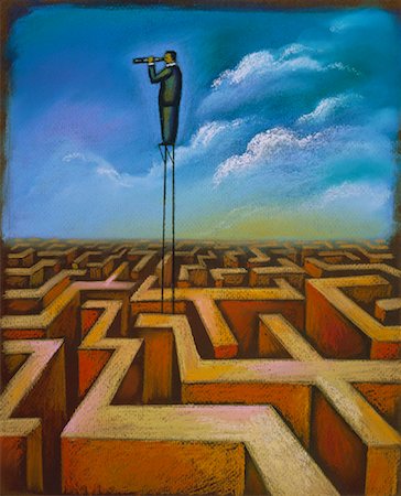 Illustration of Businessman Looking through Telescope on Stilts in Maze Stock Photo - Rights-Managed, Code: 700-00024728