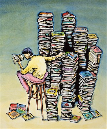 Illustration of Man Reading Books Next to Stacks of Books Foto de stock - Con derechos protegidos, Código: 700-00025872