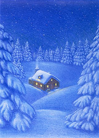 Illustration of Log Cabin in Winter at Night Stock Photo - Rights-Managed, Code: 700-00027621