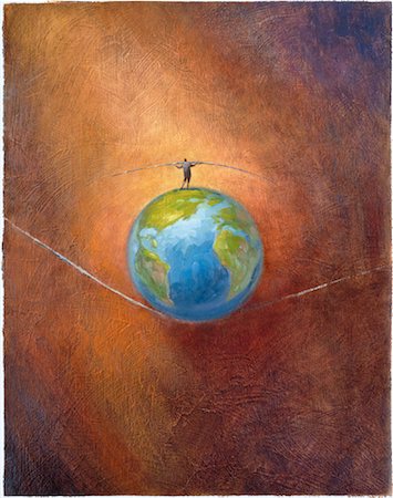 Illustration of Man Walking on Top of Globe on High Wire Foto de stock - Con derechos protegidos, Código: 700-00027954