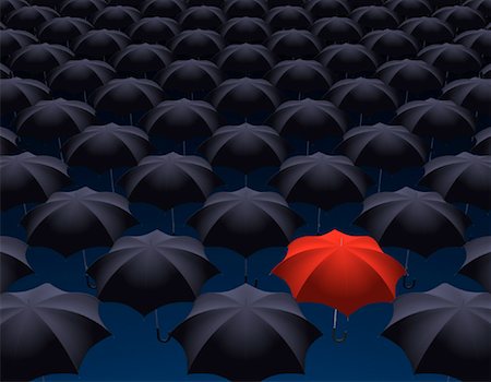 simsearch:400-05920364,k - Red Umbrella Surrounded by Black Umbrellas Stock Photo - Rights-Managed, Code: 700-00034347