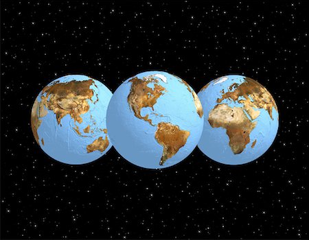 simsearch:700-00039734,k - Three Globes Displaying Continents of the World in Space Foto de stock - Con derechos protegidos, Código: 700-00036080