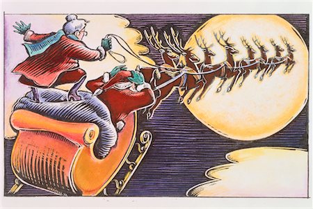 schlitten (von tieren gezogenes gefährt) - Illustration der Weihnachtsmann und Weihnachtsfrau mit Rentier Stockbilder - Lizenzpflichtiges, Bildnummer: 700-00036203