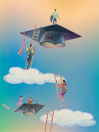 Illustration of Students Climbing Ladders in Sky Foto de stock - Con derechos protegidos, Código: 700-00032422