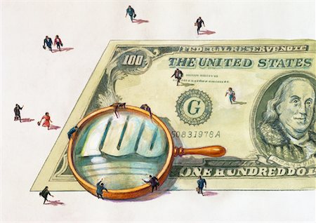 Illustration of Business People Looking at American Hundred Dollar Bill with Magnifying Glass Foto de stock - Con derechos protegidos, Código: 700-00044412