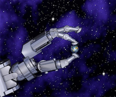robotic arm - Robot Hand with Globe Between Fingers in Space Stock Photo - Rights-Managed, Code: 700-00045727