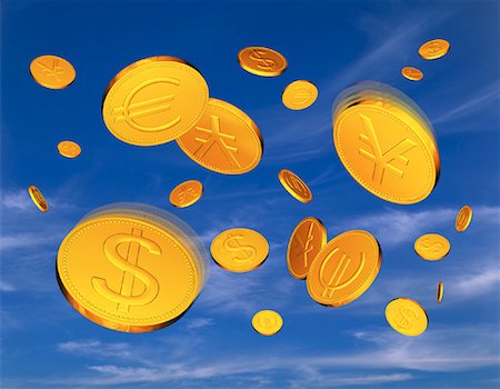 simsearch:700-02671560,k - Gold Coins with International Currency Symbols Falling in Sky Stock Photo - Rights-Managed, Code: 700-00046139