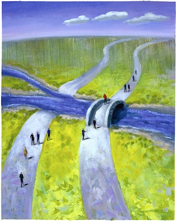 people fork in the road - Illustration of People Crossing River on Bridge Stock Photo - Rights-Managed, Code: 700-00056971