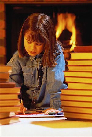 Girl Sitting on Floor near Fireplace, Drawing Stock Photo - Rights-Managed, Code: 700-00057619
