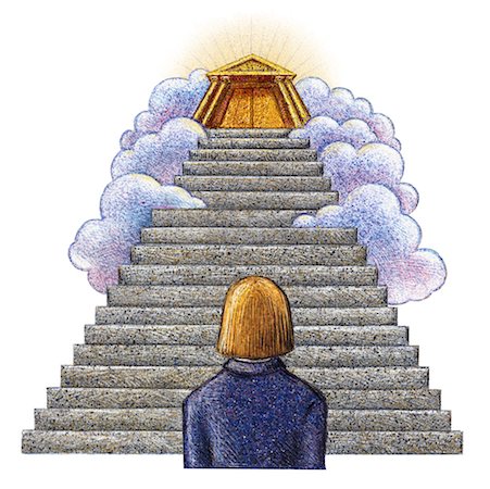 Illustration of Businesswoman Looking Up at Building atop Staircase Stock Photo - Rights-Managed, Code: 700-00059629