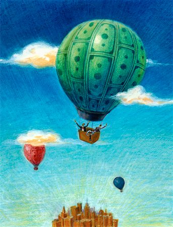 simsearch:700-00085717,k - Illustration of People in Hot Air Balloons Floating over City Stock Photo - Rights-Managed, Code: 700-00050433