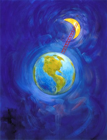 Illustration of Earth with Ladder To Moon Stock Photo - Rights-Managed, Code: 700-00050574