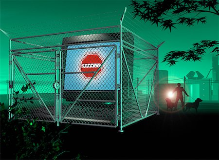 Fenced-In Computer with Security Guard and Watchdog at Night Stock Photo - Rights-Managed, Code: 700-00052866