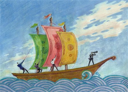 Illustration of Businessmen Sailing on Ship with Dollar Bills as Sails Stock Photo - Rights-Managed, Code: 700-00064309