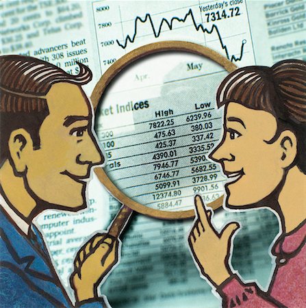 Illustration of Businessman and Businesswoman Looking at Newspaper with Magnifying Glass Stock Photo - Rights-Managed, Code: 700-00064311