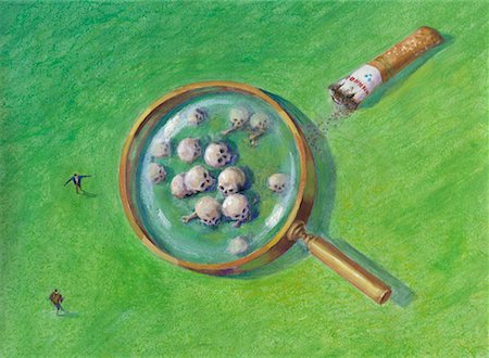 Illustration of Magnifying Glass Over Skulls in Field with Cigarette Butt Stock Photo - Rights-Managed, Code: 700-00067629