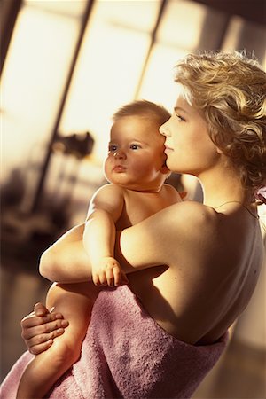 Mother Wrapped in Towel, Holding Baby Stock Photo - Rights-Managed, Code: 700-00067995