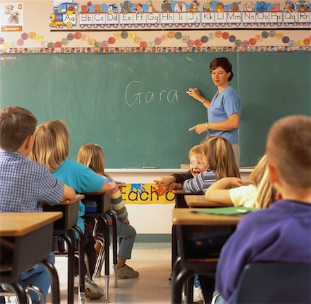 simsearch:6109-06007620,k - Teacher Writing on Blackboard And Back View of Students Stock Photo - Rights-Managed, Code: 700-00061512