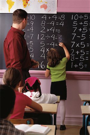 simsearch:700-00529404,k - Back View of Male Teacher with Girl Writing on Blackboard Fotografie stock - Rights-Managed, Codice: 700-00061605