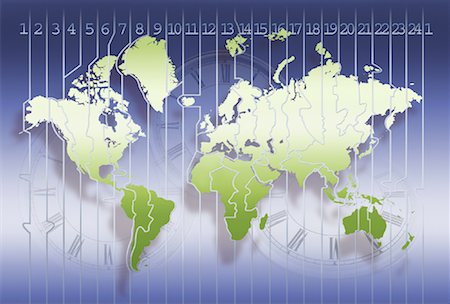 World Map and Time Zones with Three Clocks Stock Photo - Rights-Managed, Code: 700-00062321