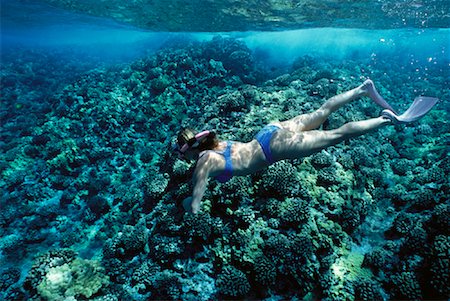 plongée autonome à l'air - Underwater vue de femme snorkeling près de Molokini île de Maui, Hawaii, USA Photographie de stock - Rights-Managed, Code: 700-00062417