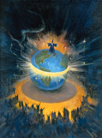 spell (magic) - Illustration of Wizard Standing On Globe Performing Magic in Front of Audience Stock Photo - Rights-Managed, Code: 700-00062968